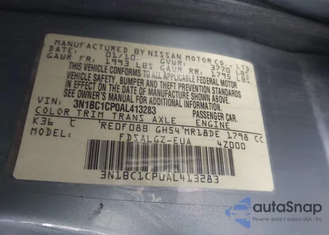 2010 Nissan Versa 1.8Sl из США, поврежденный, VIN 3N1BC1CP0AL413283